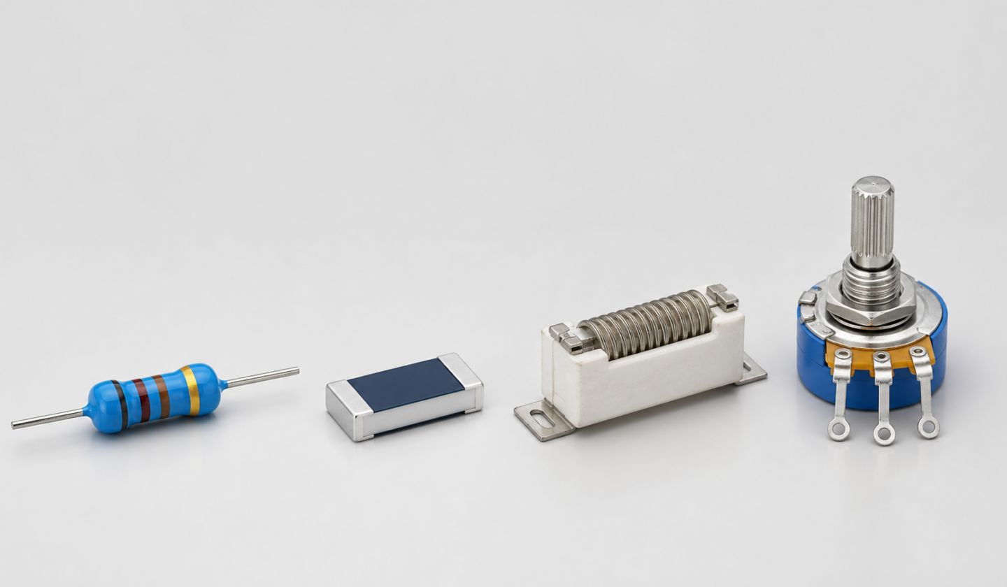 Tipos de resistores: resistencia axial, SMD, bobinada de potencia y potenciómetro.