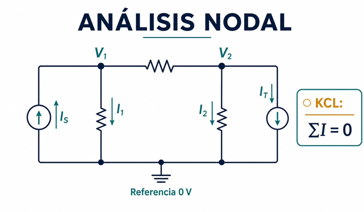 Esquema introductorio de análisis nodal con los nodos V1 y V2, una referencia de 0 V y la ecuación KCL suma de corrientes igual a cero.