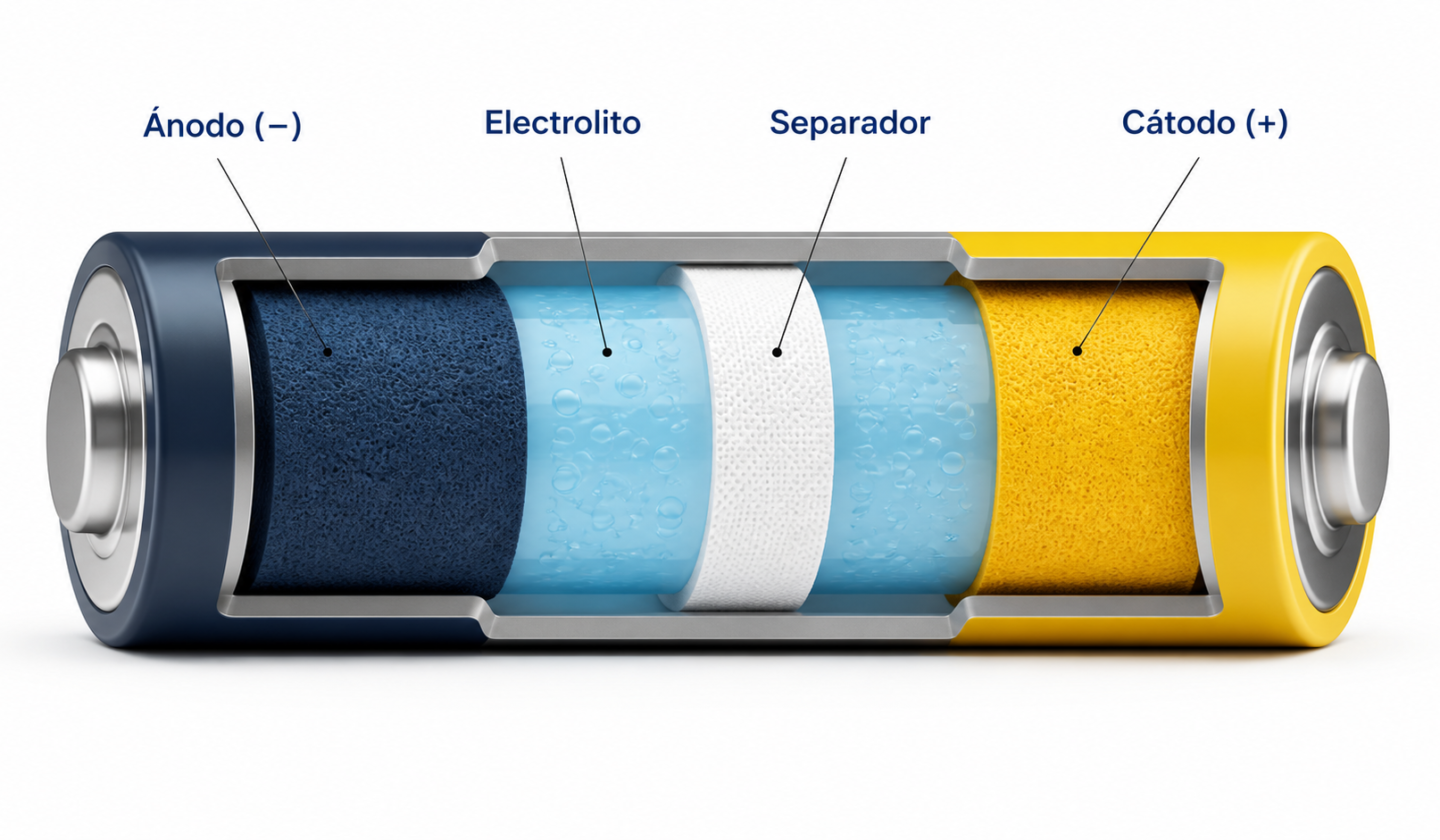 Partes de una celda electroquímica: ánodo, cátodo, electrolito y separador.