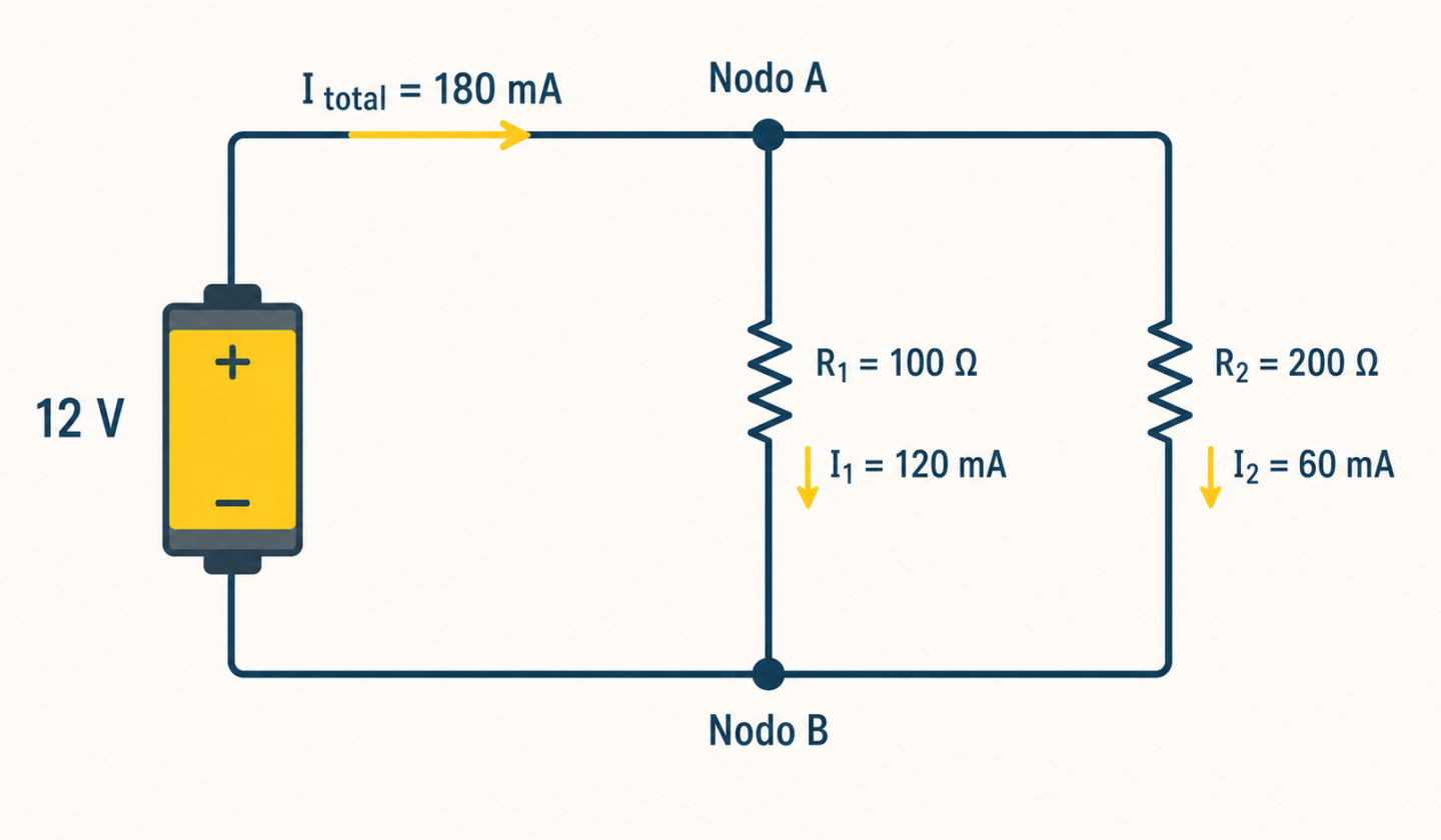 Circuito en paralelo de 12 voltios con resistencias de 100 y 200 ohmios entre los mismos nodos y corrientes de 120 y 60 miliamperios.
