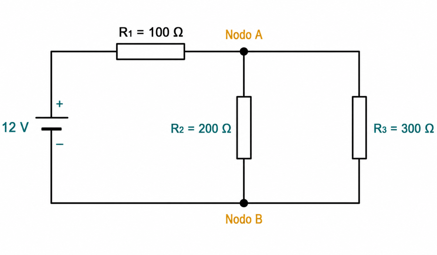 Circuito mixto de 12 voltios con R1 de 100 ohmios en serie y R2 de 200 y R3 de 300 ohmios conectadas en paralelo entre los nodos A y B.