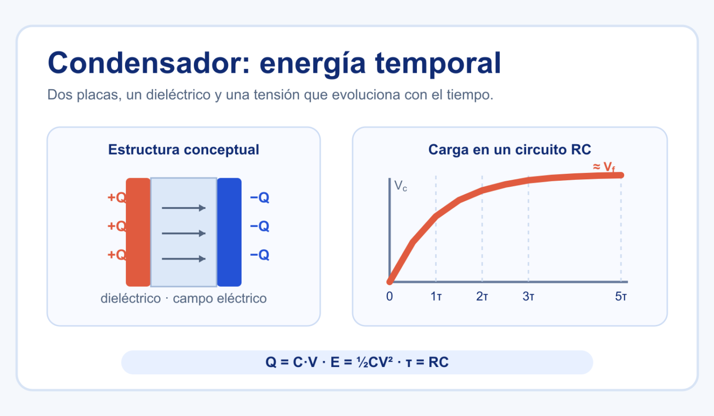 Condensador con placas y dieléctrico junto a una curva de carga en un circuito RC.