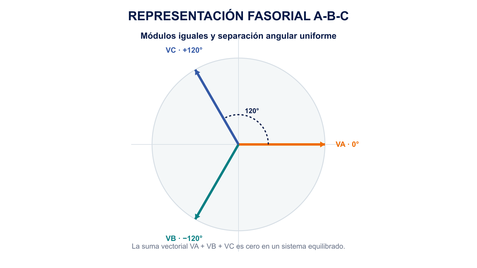 Fasores VA, VB y VC de igual módulo separados 120 grados para la secuencia A-B-C