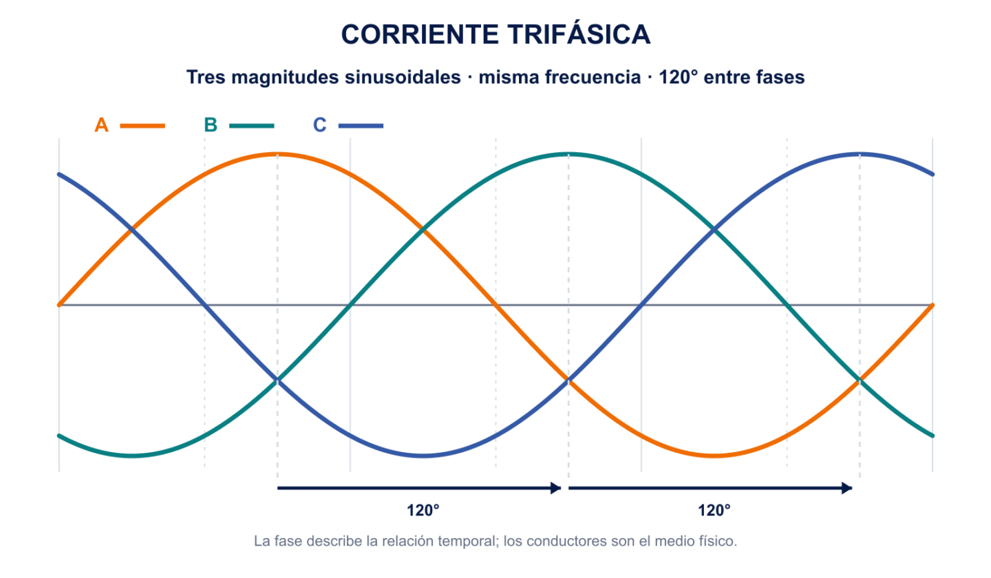 Tres ondas sinusoidales A, B y C separadas 120 grados en un sistema trifásico