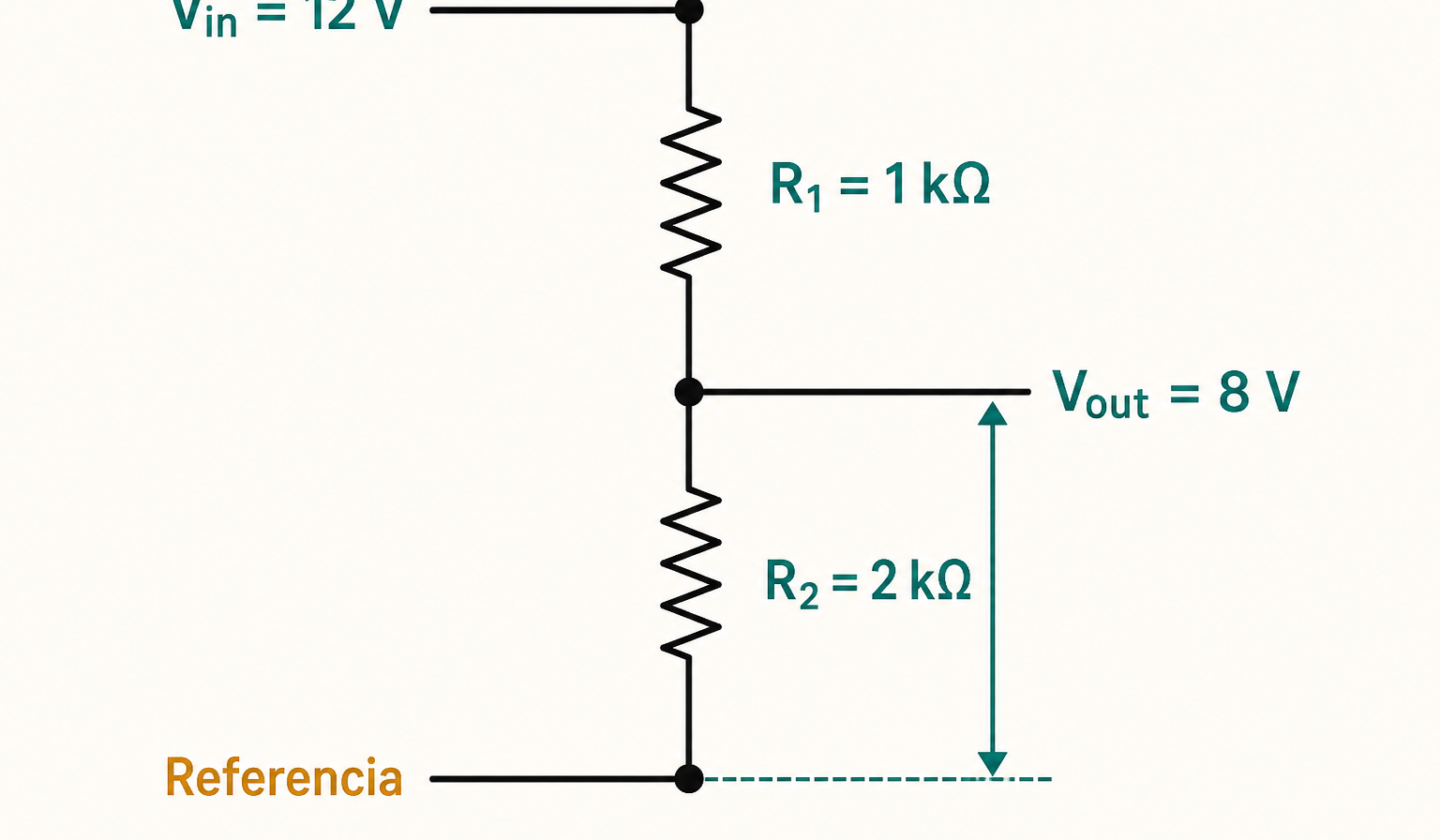 Divisor de tensión con entrada de 12 voltios, R1 de 1 kiloohmio, R2 de 2 kiloohmios y salida de 8 voltios medida respecto a la referencia.