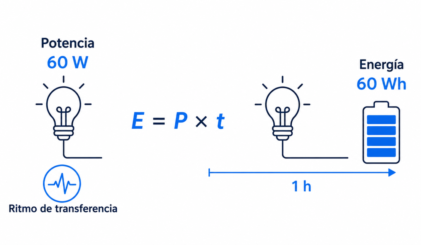 Relación entre potencia, tiempo y energía: una carga de 60 W funcionando durante una hora transfiere 60 Wh de energía.