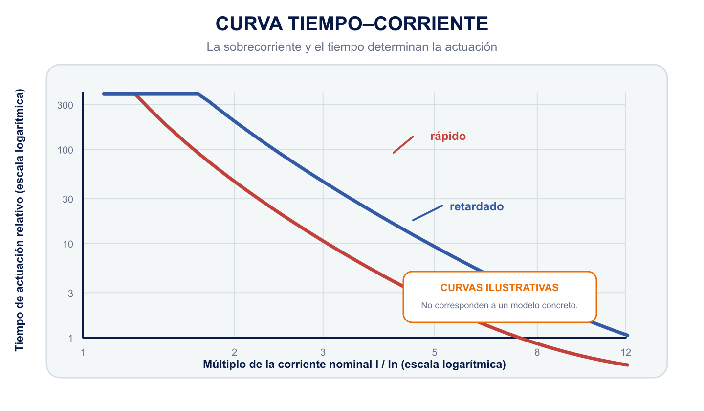 Curvas ilustrativas de tiempo-corriente para un fusible rápido y uno retardado frente al múltiplo de la corriente nominal; la imagen indica que no son datos de un modelo concreto.