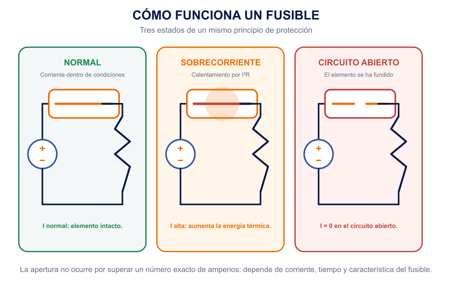 Tres estados de un fusible: corriente normal con elemento intacto, sobrecorriente que incrementa el calentamiento por I al cuadrado por R y circuito abierto tras la fusión.