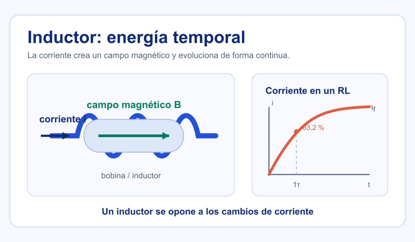Inductor con campo magnético y curva de crecimiento de corriente en un circuito RL.