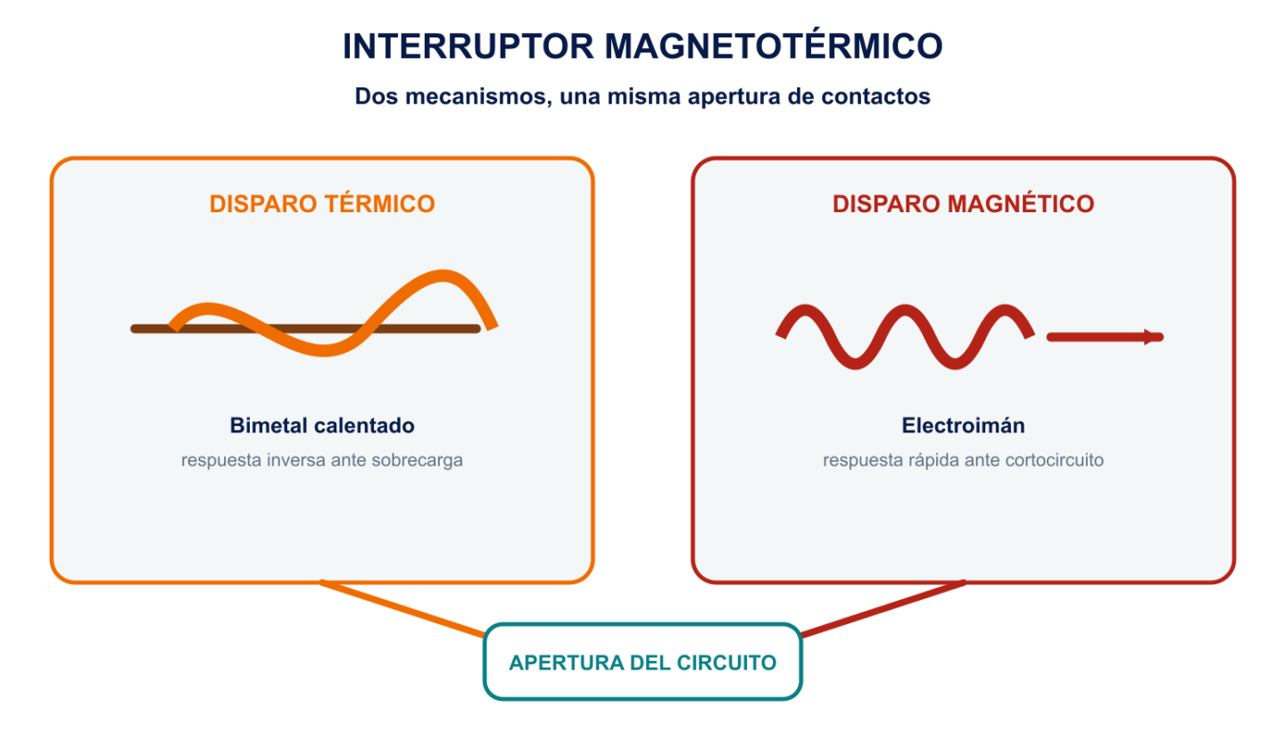 Esquema del interruptor magnetotérmico con disparo térmico y disparo magnético