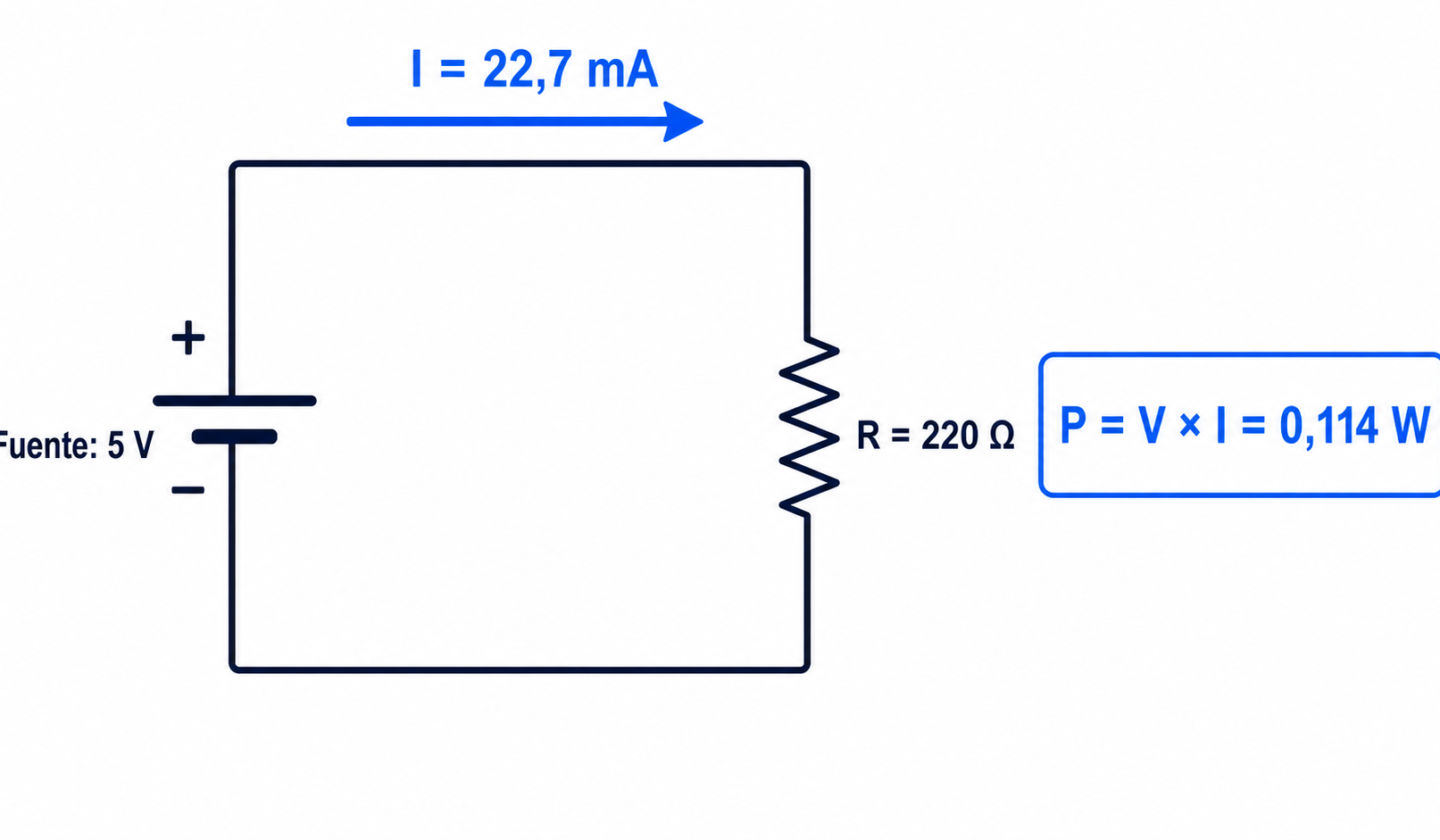Esquema de un circuito con una fuente de 5 V y una resistencia de 220 ohmios: circulan 22,7 mA y se disipan 0,114 W.