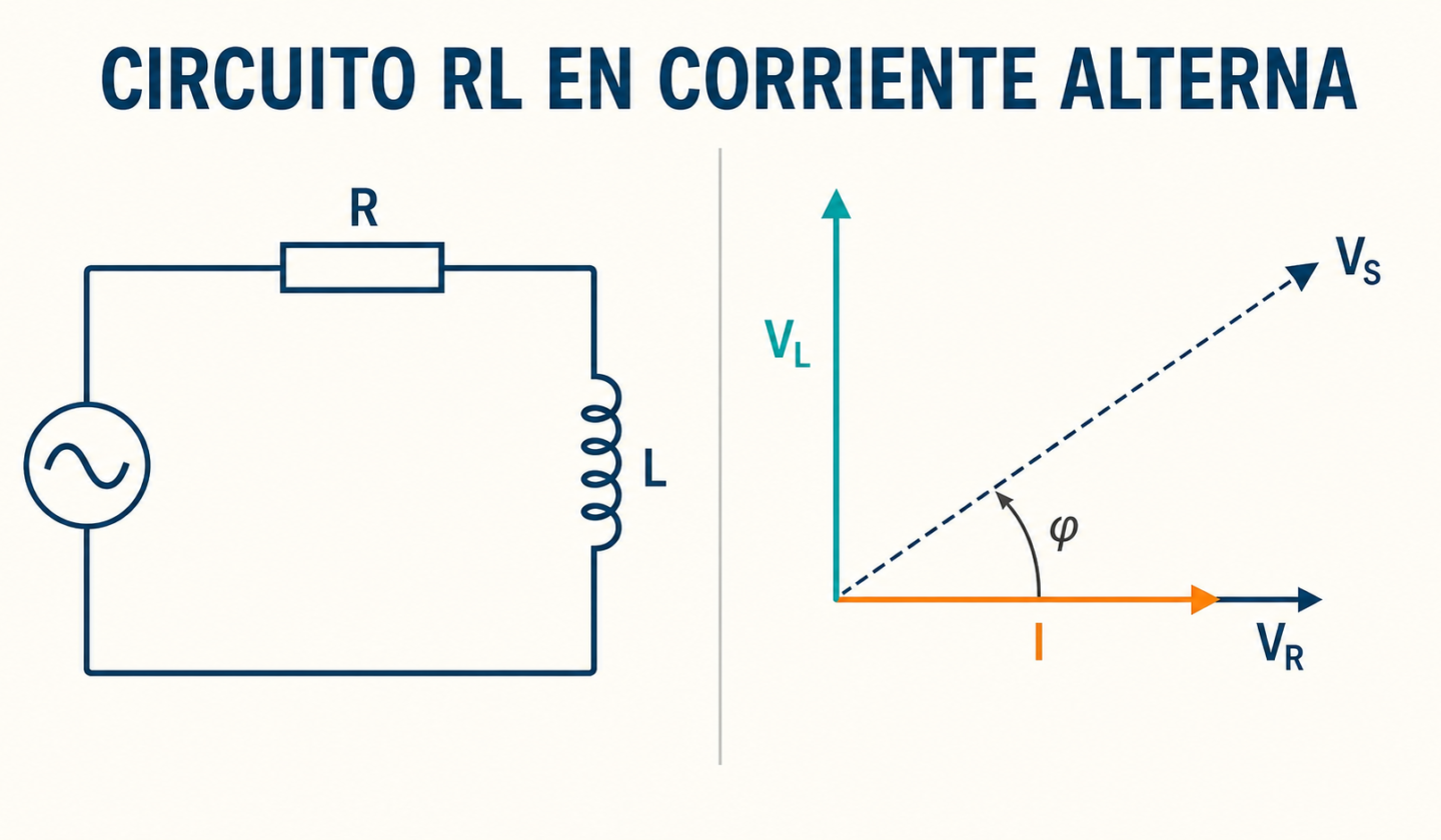 Circuito RL serie en corriente alterna y diagrama fasorial de tensiones