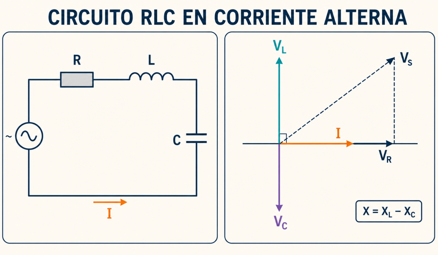 Circuito RLC serie en corriente alterna con resistencia, bobina, condensador y diagrama fasorial
