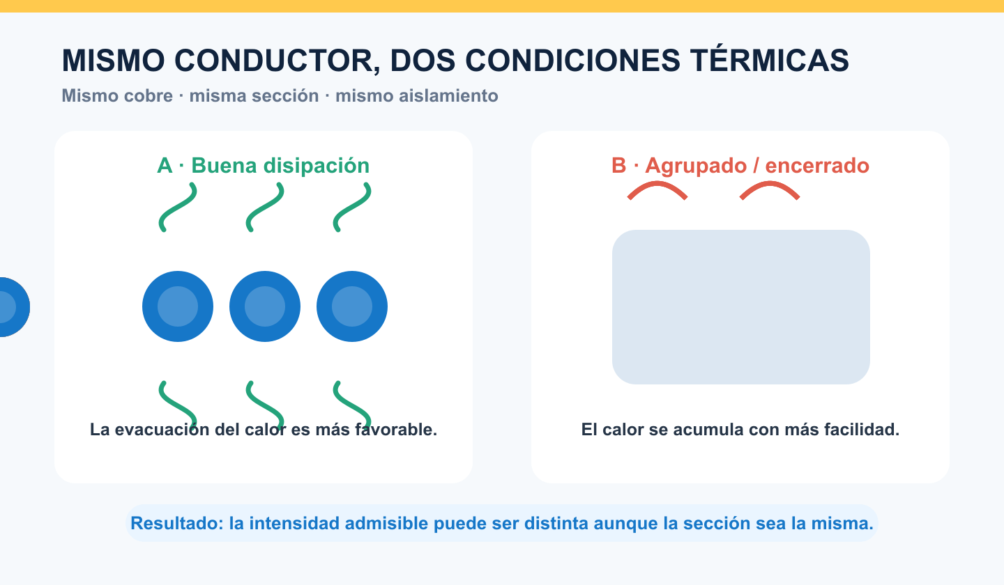 Mismo conductor con igual sección, material y aislamiento instalado separado y agrupado para comparar su disipación térmica