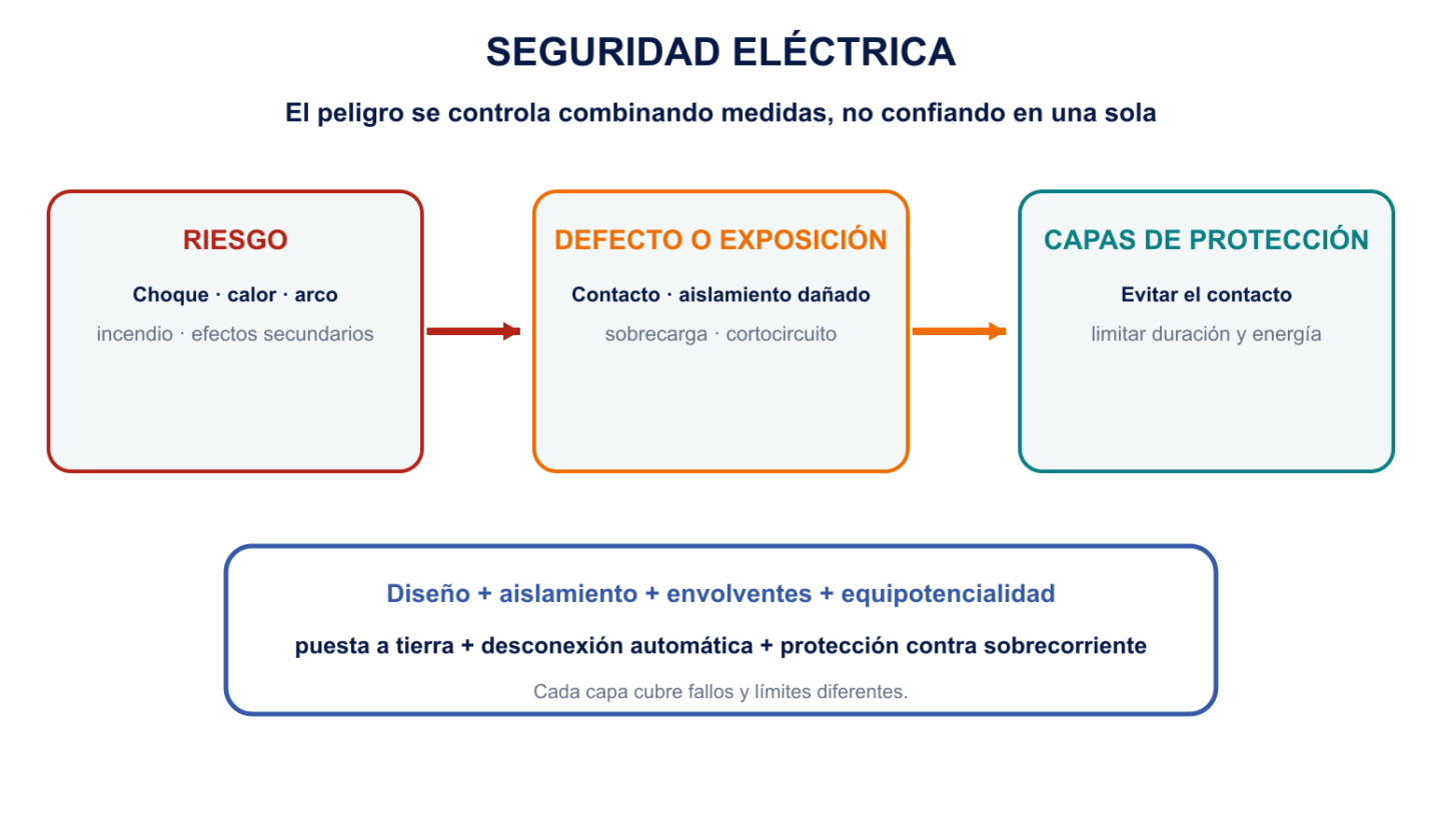 Diagrama de seguridad eléctrica con riesgo, defecto y capas de protección