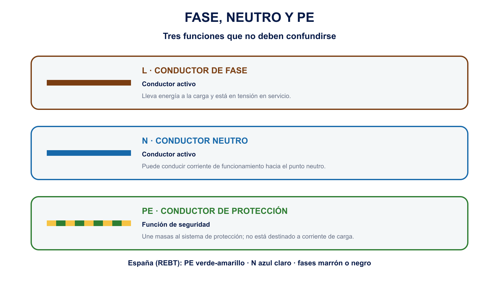 Comparación entre conductor de fase, neutro y conductor de protección PE