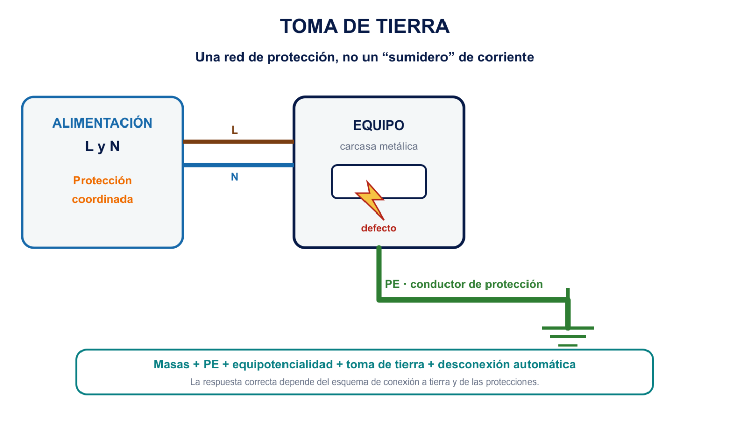 Esquema de toma de tierra con carcasa metálica, conductor PE, electrodo y protección coordinada