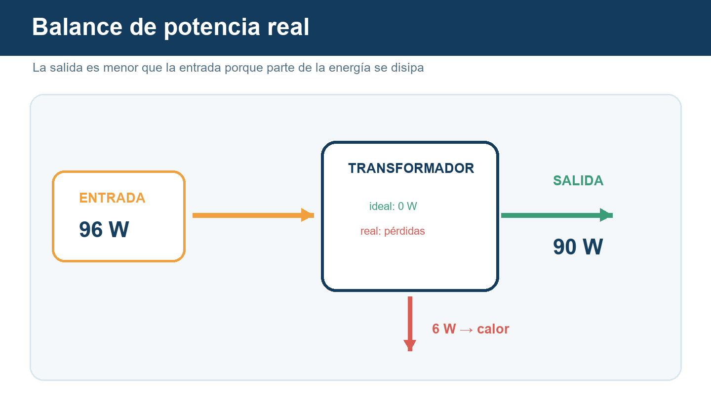 Flujo de potencia con 96 W de entrada, 90 W de salida y 6 W de pérdidas en un transformador real