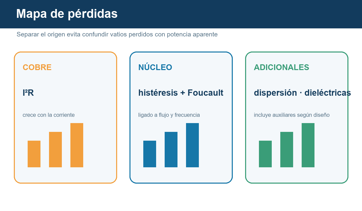 Clasificación visual de pérdidas en cobre, núcleo y pérdidas adicionales de un transformador