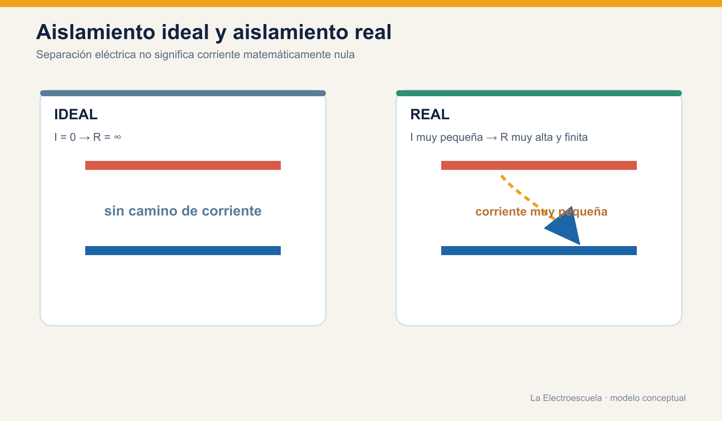 Comparación conceptual entre aislamiento ideal de resistencia infinita y aislamiento real con corriente muy pequeña.