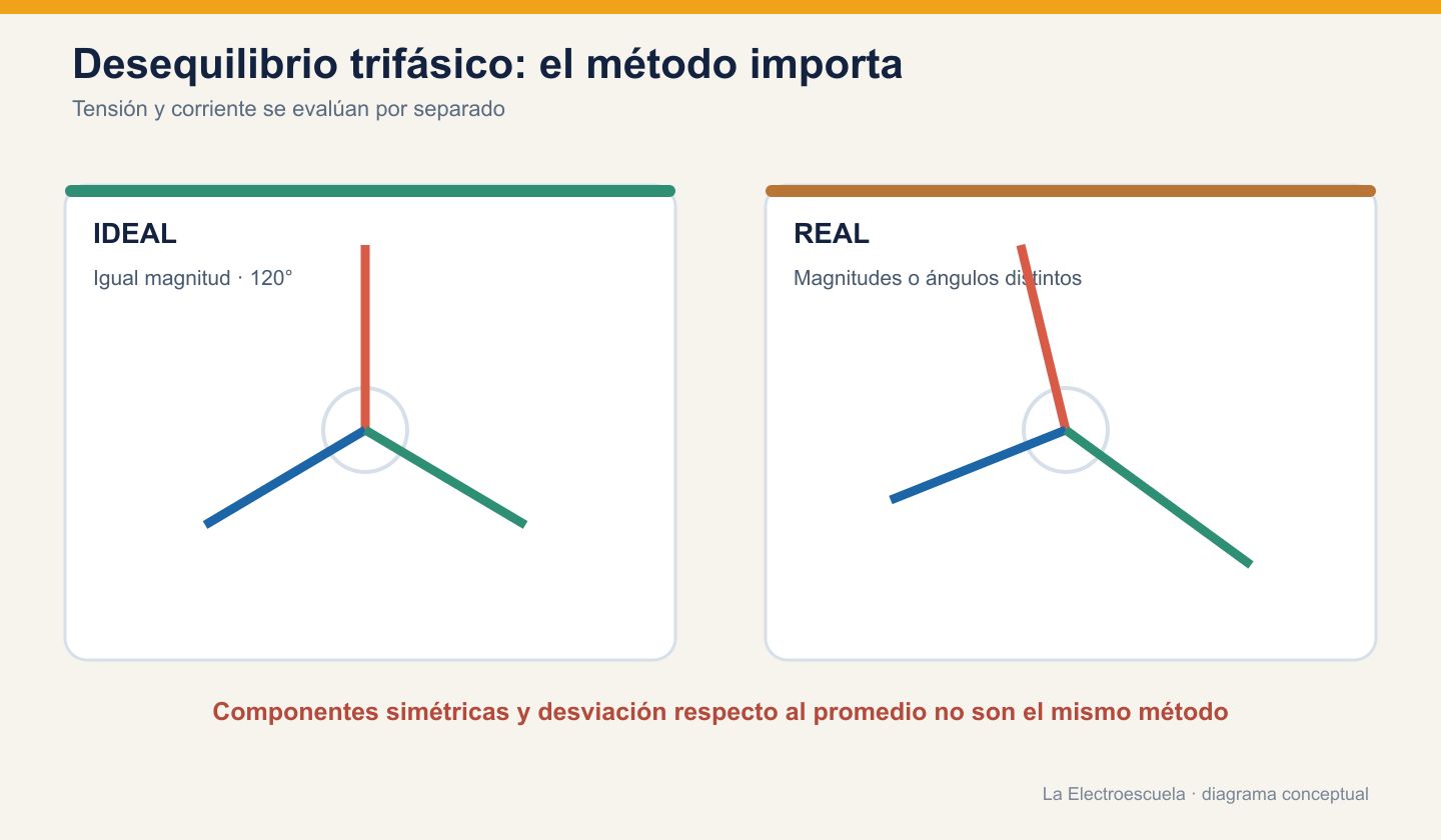Comparación conceptual de tres fasores ideales separados 120 grados y un conjunto desequilibrado con magnitudes y ángulos distintos.