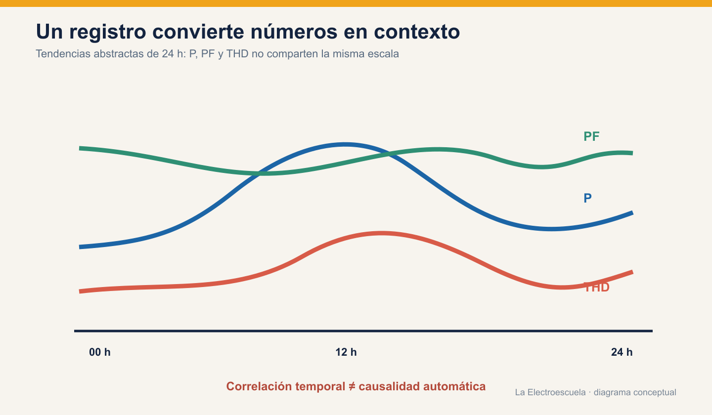 Tendencias abstractas de potencia activa, factor de potencia y THD durante 24 horas para mostrar correlación temporal.