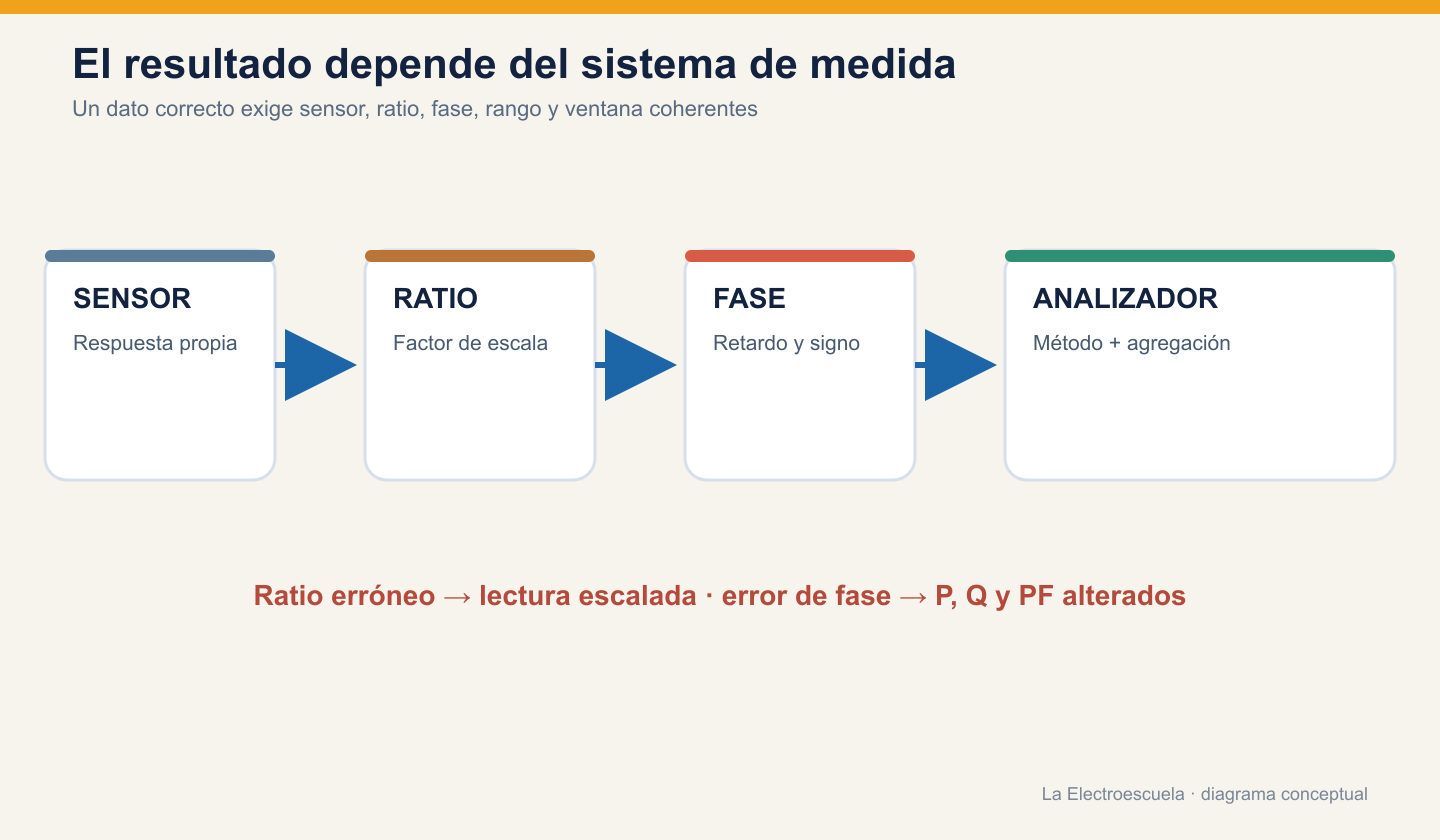 Cadena conceptual desde sensor, ratio y error de fase hacia el analizador y el resultado calculado.