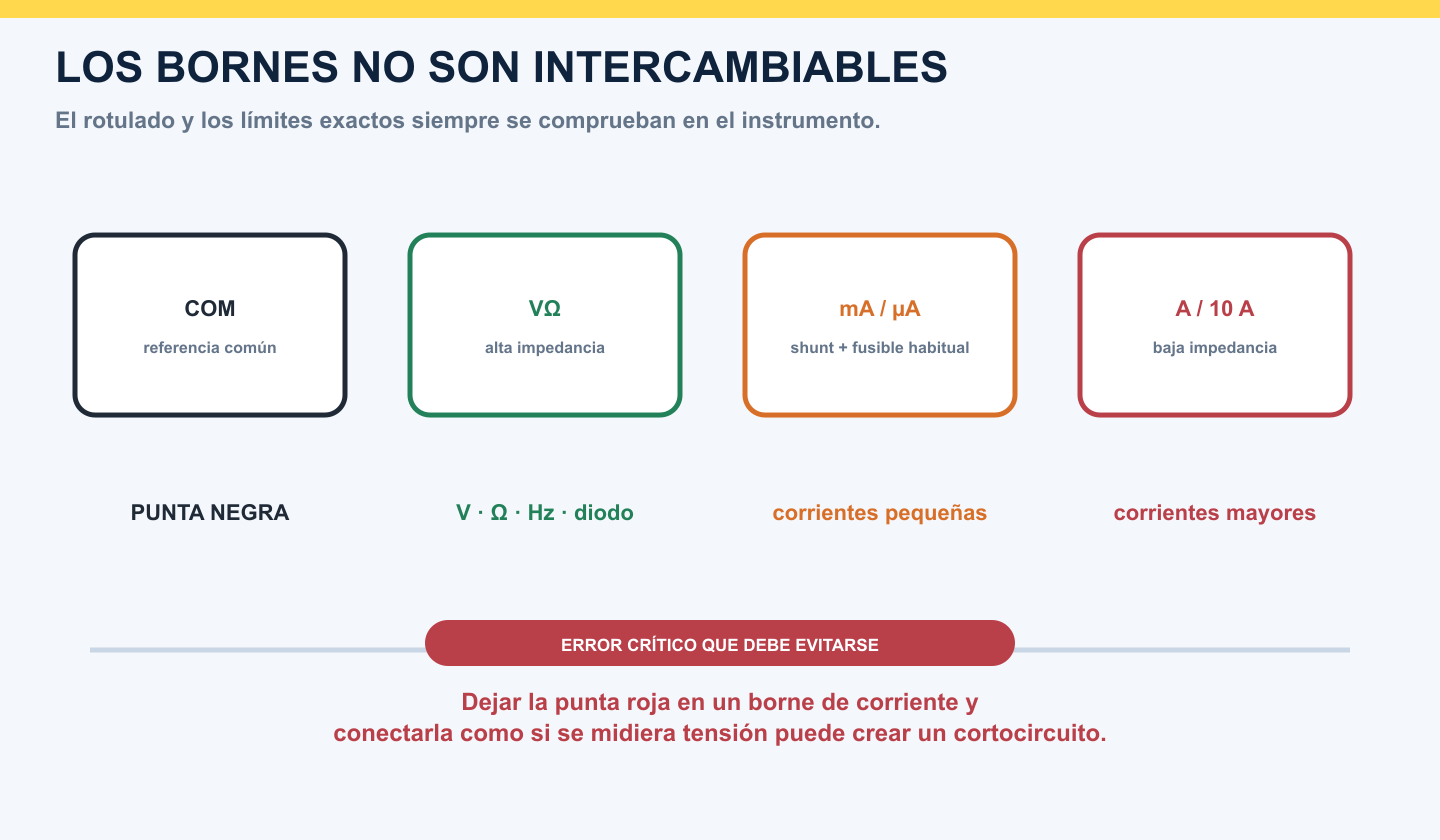 Diferencias entre los bornes COM, VΩ, mA y A de un multímetro digital