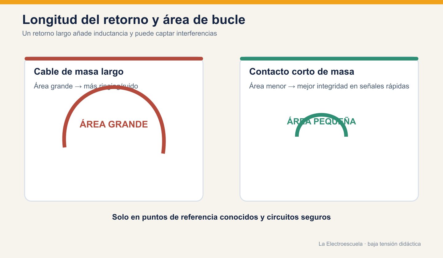 Comparación entre un cable de masa largo con gran área de bucle y un contacto corto de masa con área reducida en baja tensión.