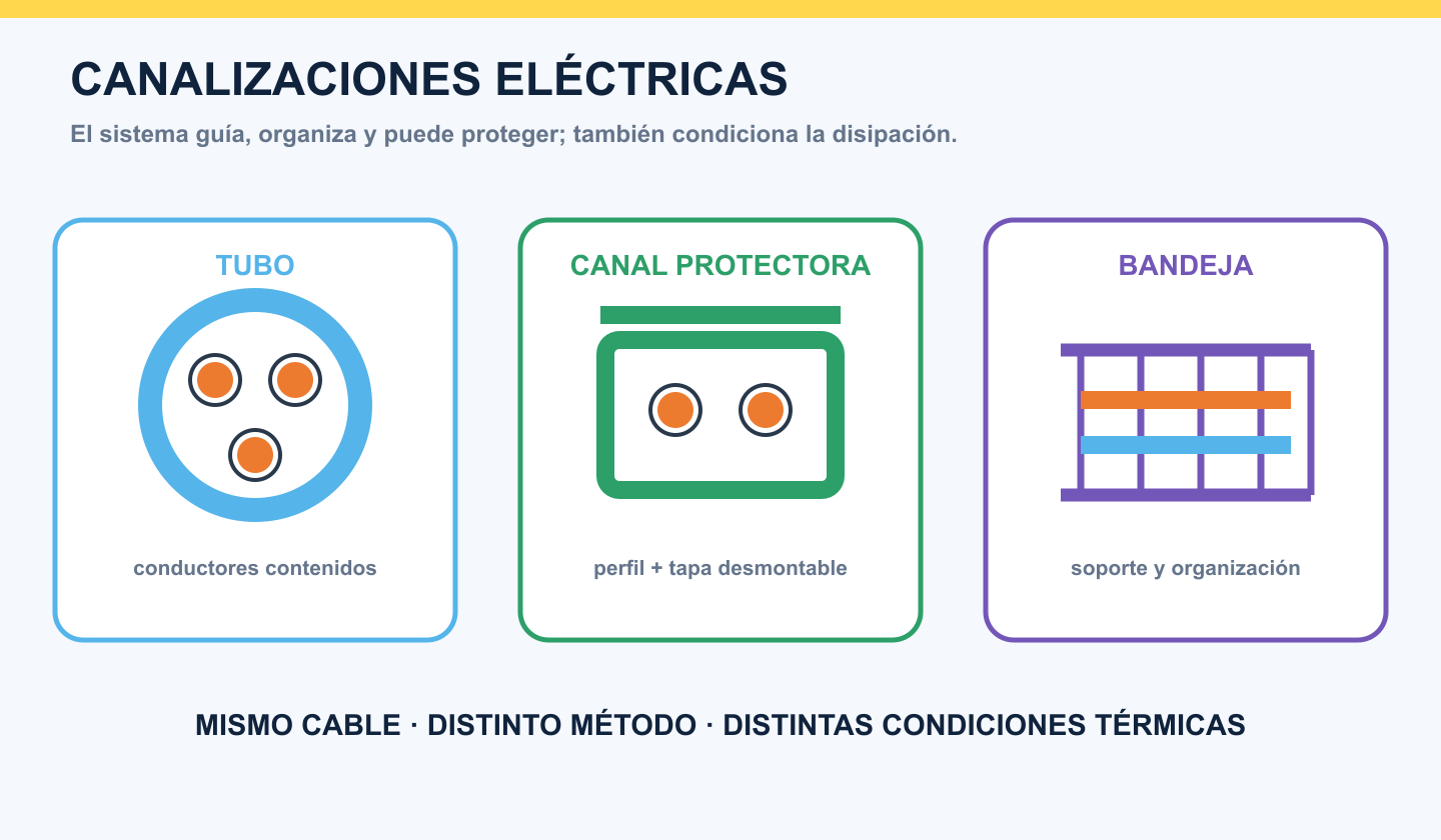 Comparación conceptual de un cable instalado en tubo, canal protectora y bandeja