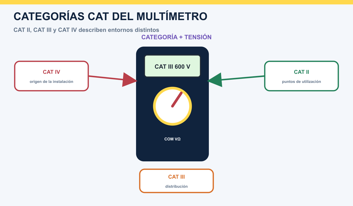 Multímetro genérico rodeado por CAT II, CAT III y CAT IV como entornos de medida distintos