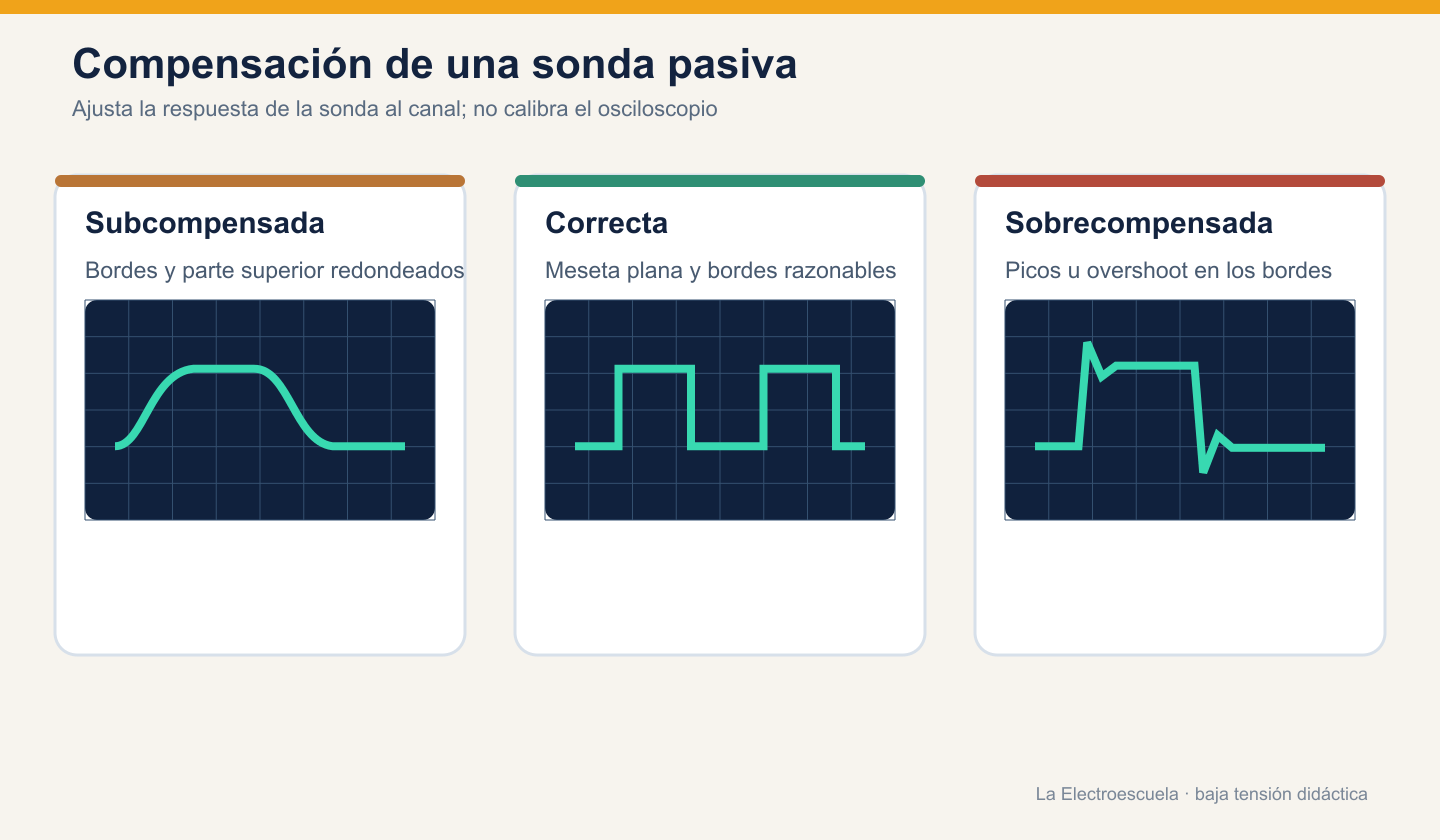 Comparación de ondas cuadradas subcompensada, correctamente compensada y sobrecompensada.
