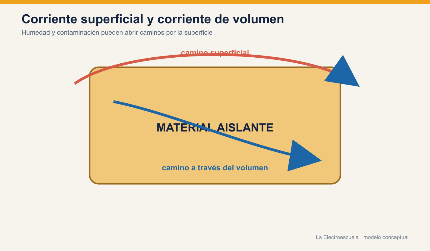 Bloque de material aislante con caminos conceptuales de corriente superficial y corriente a través del volumen.