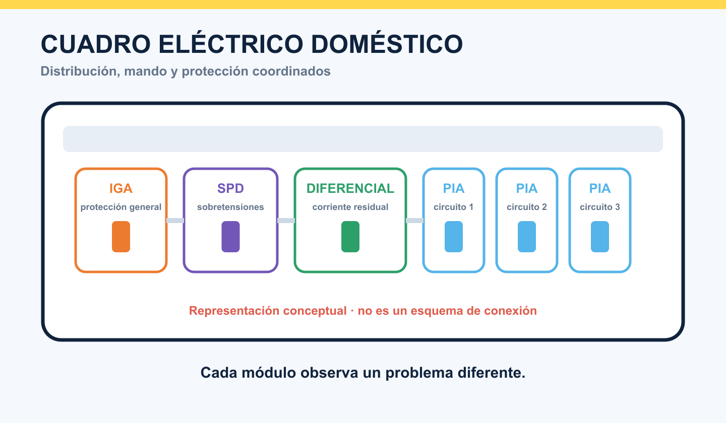 Cuadro eléctrico doméstico conceptual con IGA, protección contra sobretensiones, diferencial y magnetotérmicos
