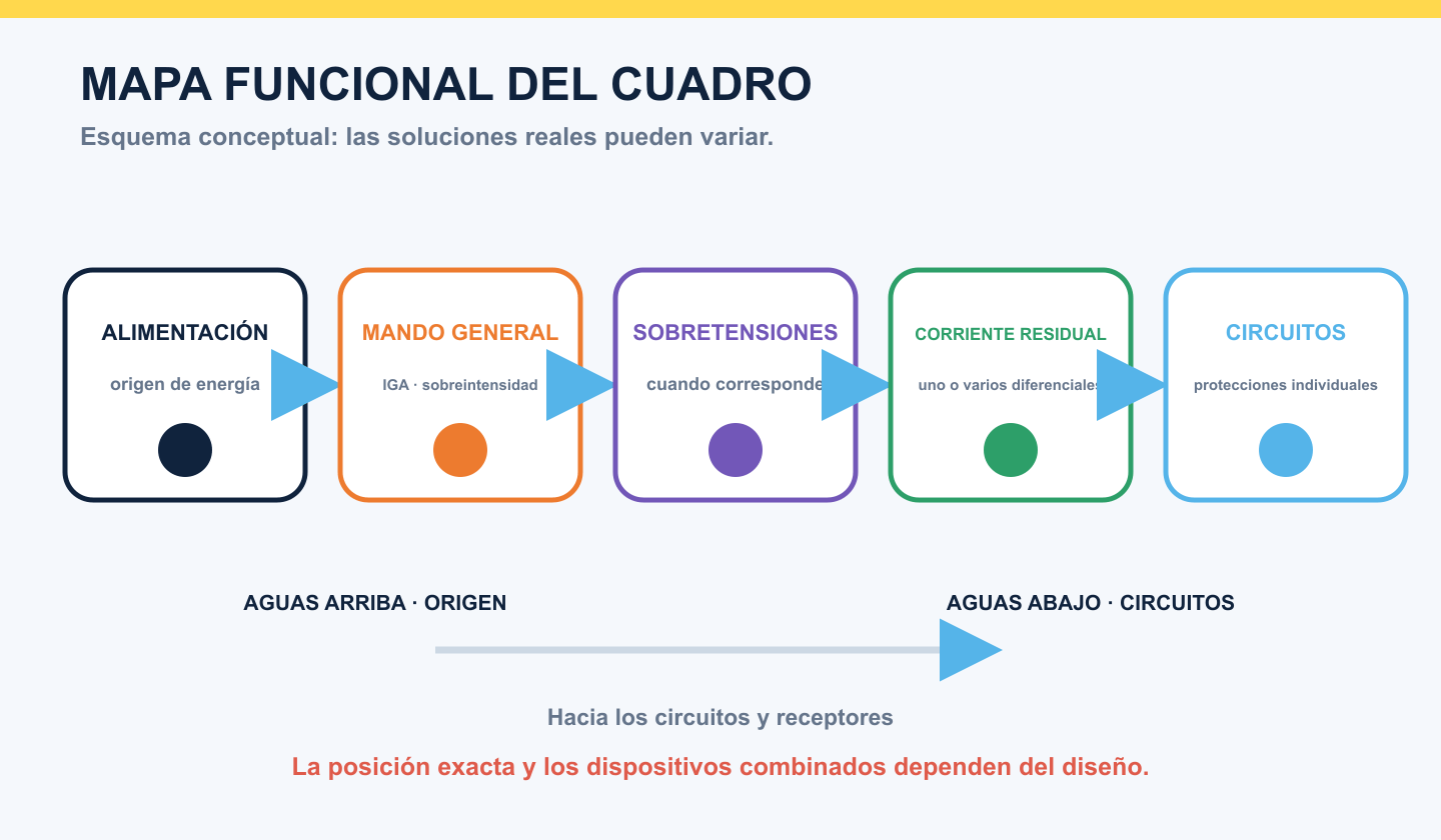 Mapa funcional conceptual del cuadro desde la alimentación hasta las protecciones y circuitos