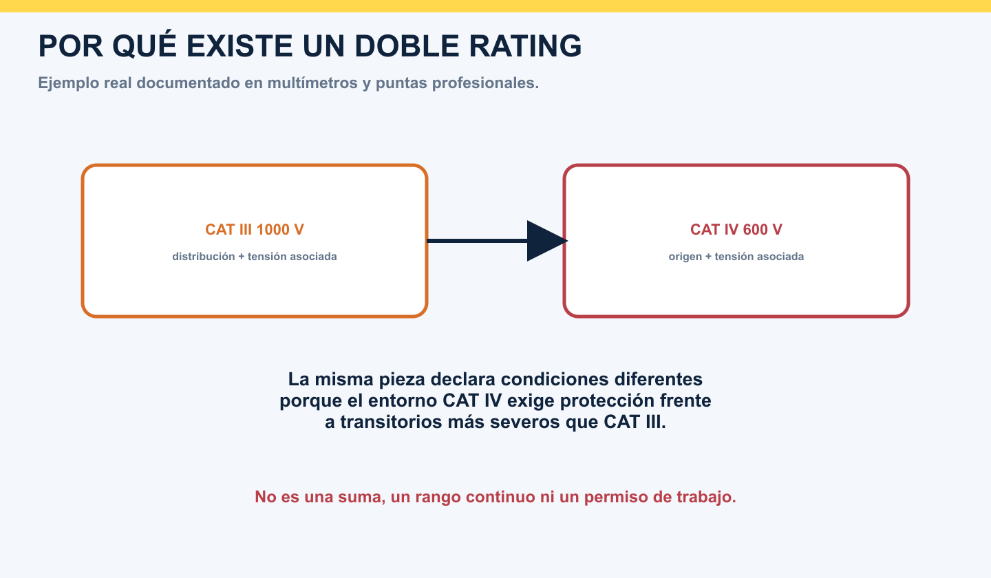 Doble marcado real CAT III 1000 V y CAT IV 600 V explicado como dos combinaciones diferentes