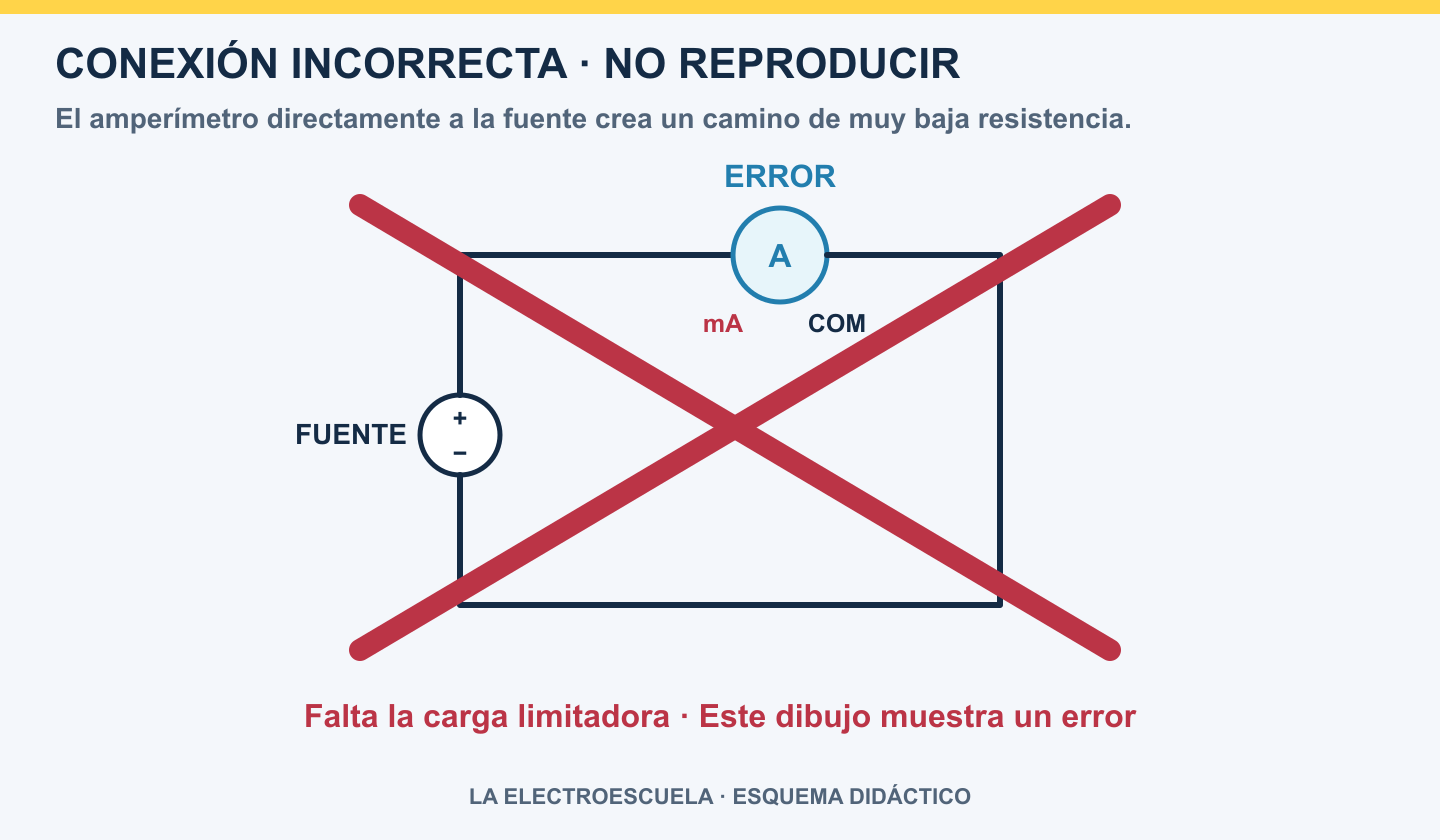 Diagrama conceptual de conexión incorrecta del amperímetro directamente a una fuente, tachado con una gran X roja y aviso de no reproducir
