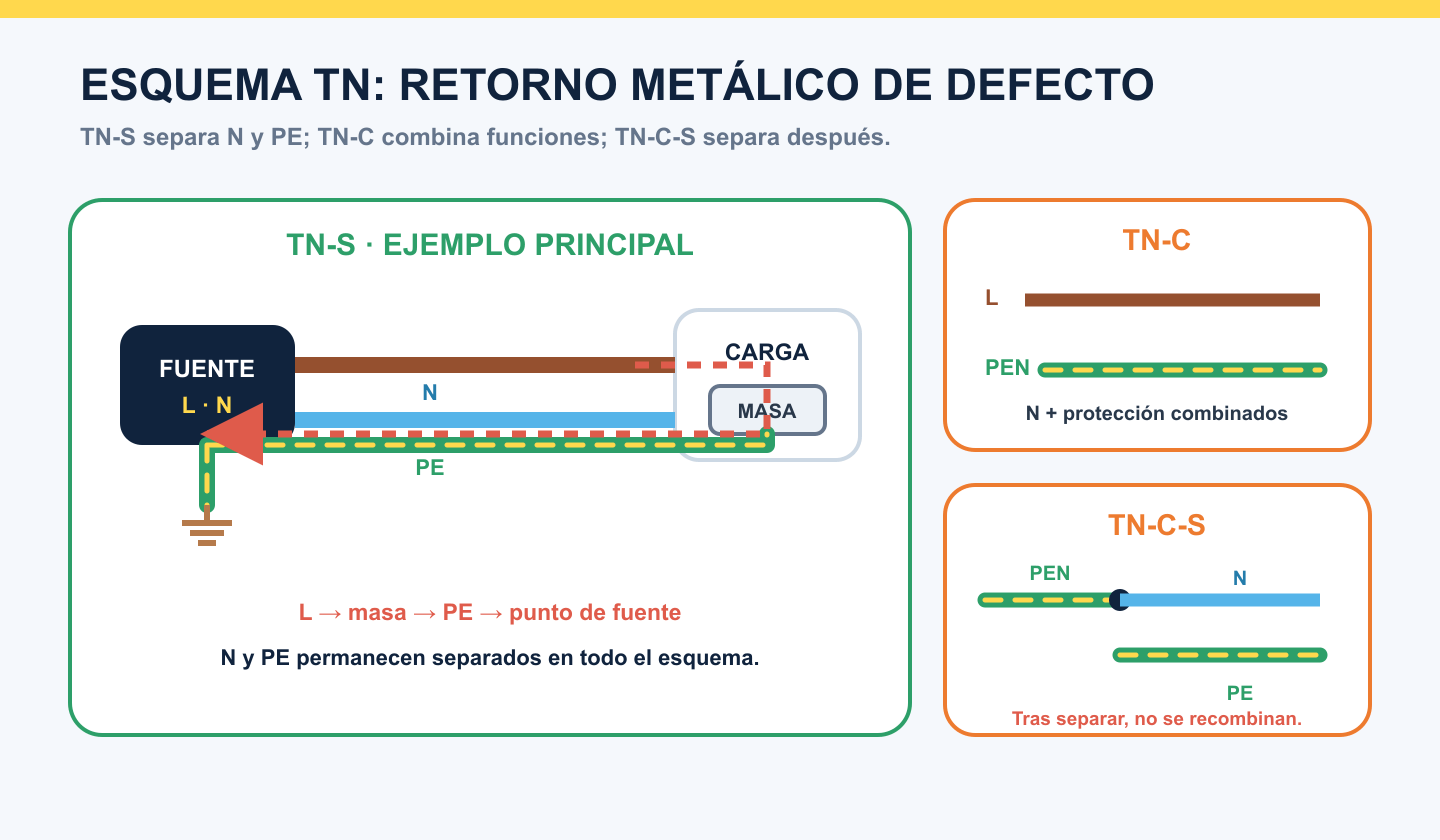 Esquema TN-S con recorrido metálico de defecto y comparación con TN-C y TN-C-S