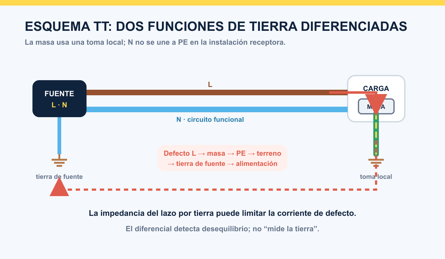 Esquema TT con la fuente puesta a tierra, masas conectadas a una toma local y recorrido de un defecto fase masa