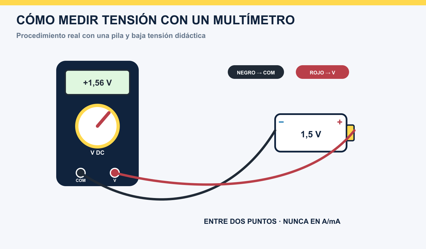 Multímetro genérico preparado en tensión continua con COM y V mientras mide una pila de 1,5 V