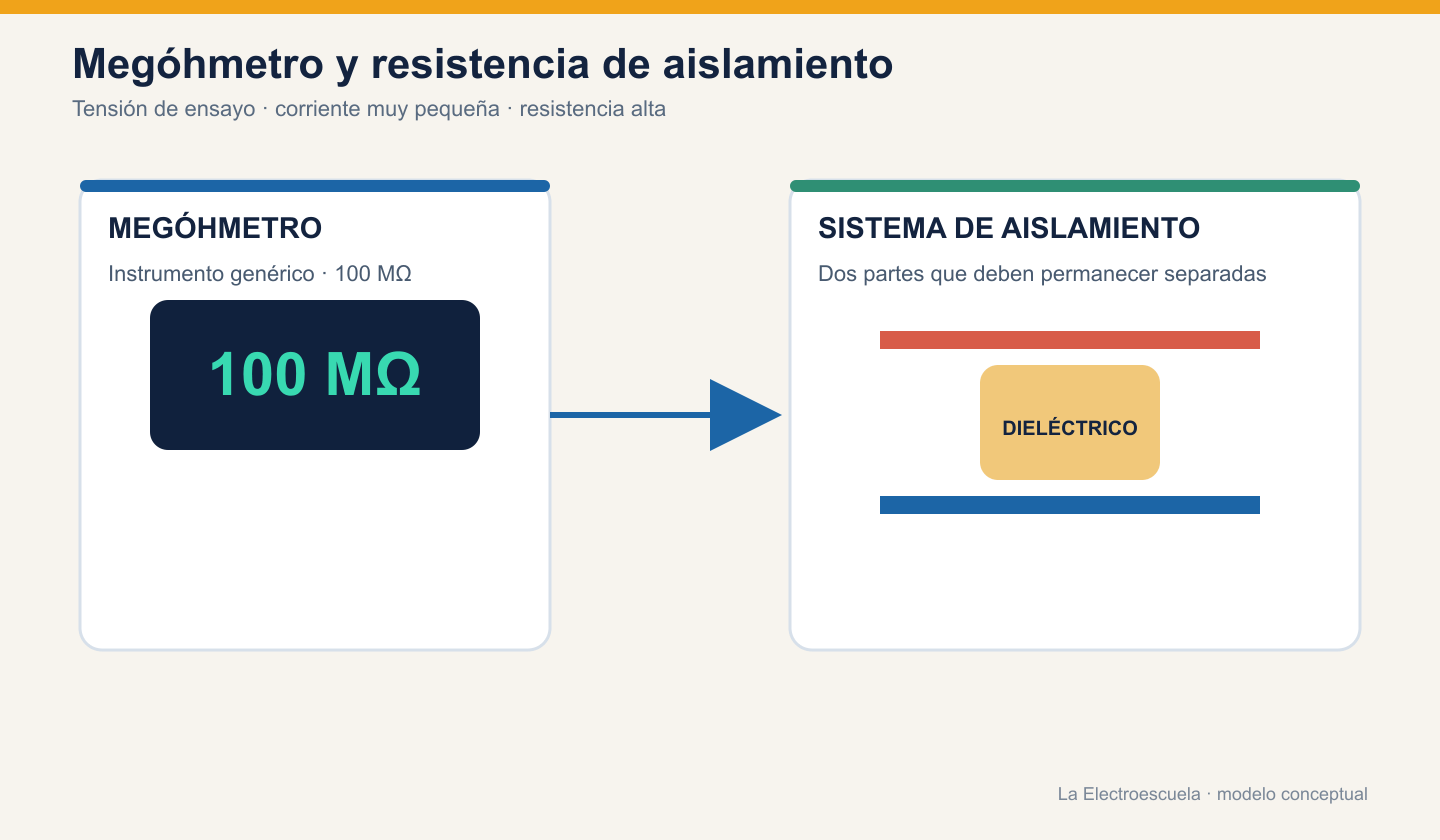 Megóhmetro genérico con lectura de 100 megaohmios junto a un sistema de aislamiento conceptual.