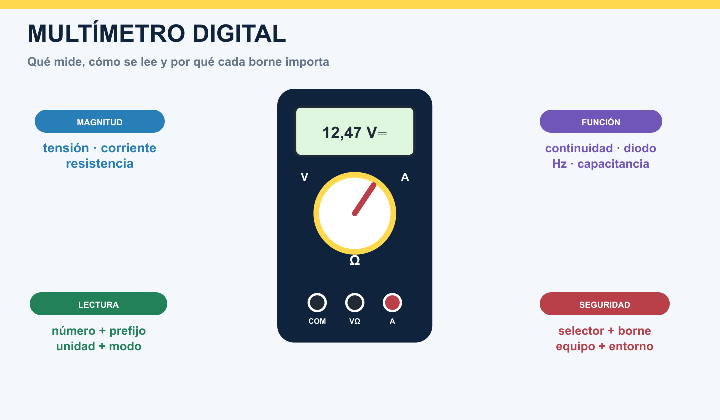 Multímetro digital genérico rodeado de las ideas de magnitud, función, lectura y seguridad