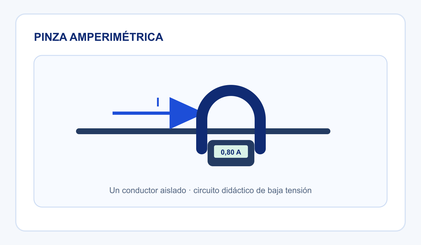 Pinza amperimétrica genérica alrededor de un único conductor aislado con lectura de 0,80 amperios.
