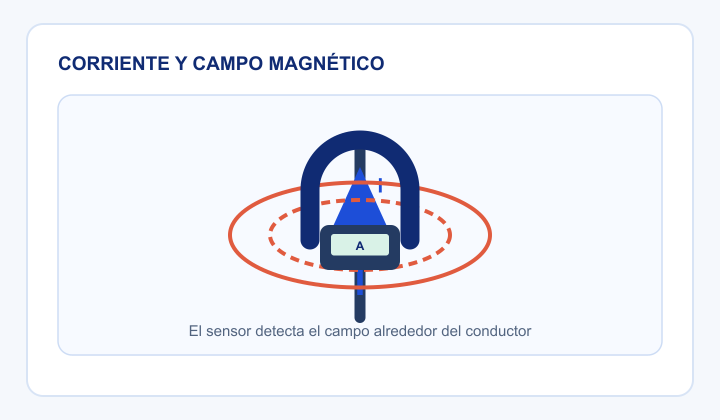 Conductor vertical con corriente convencional y líneas de campo magnético detectadas por una pinza.