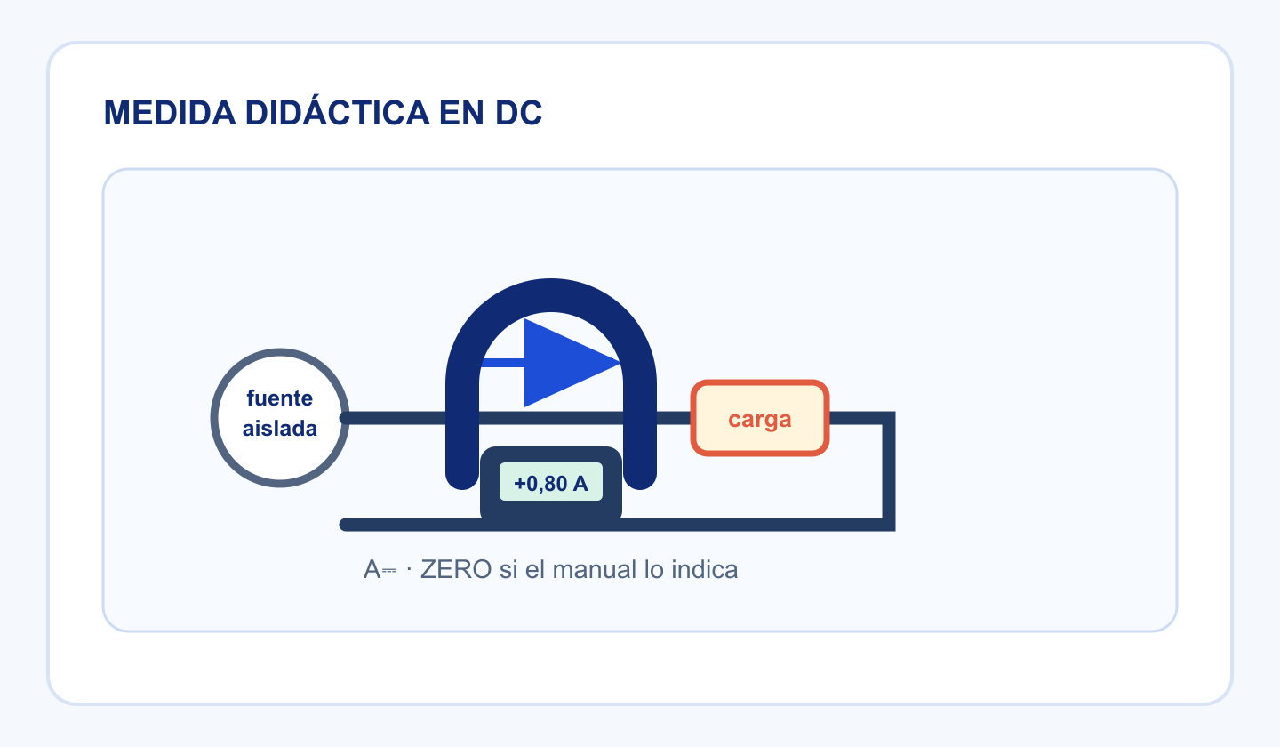 Circuito aislado de baja tensión con carga, un conductor separado y una pinza compatible con corriente continua.