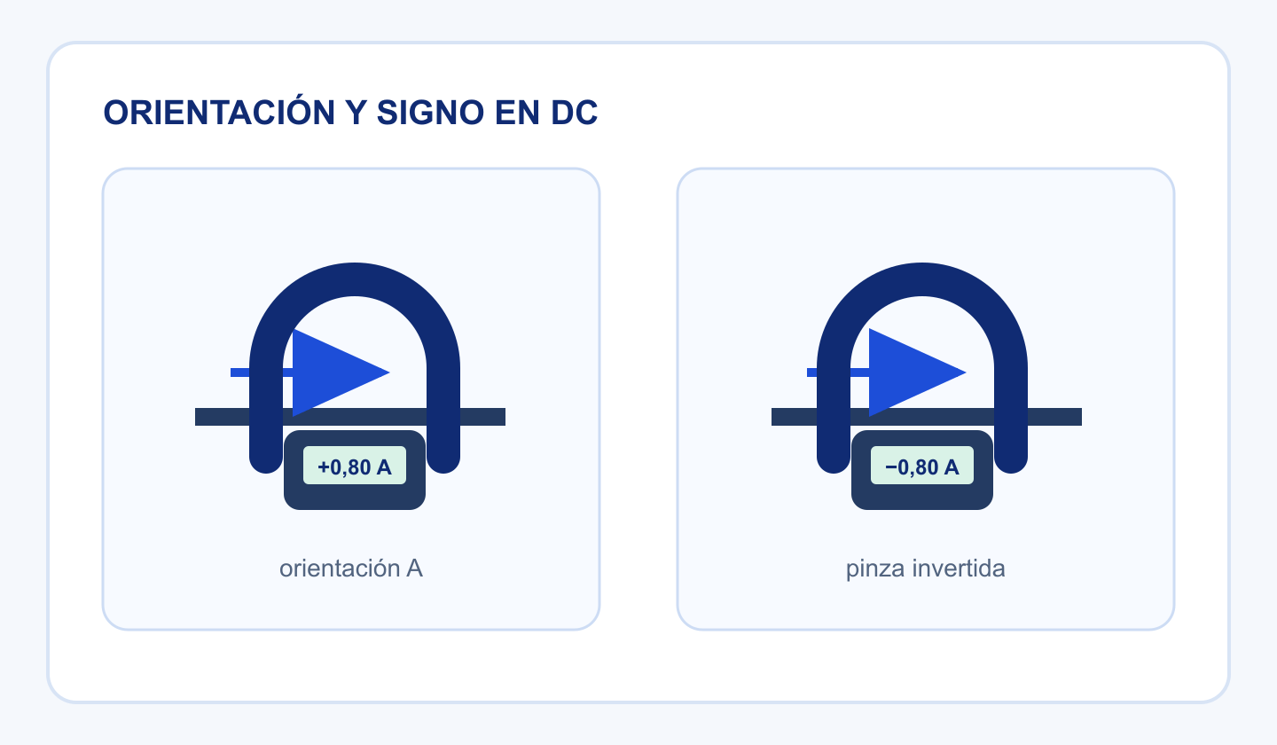 Mismo conductor con una pinza DC en dos orientaciones y lecturas de más y menos 0,80 amperios.