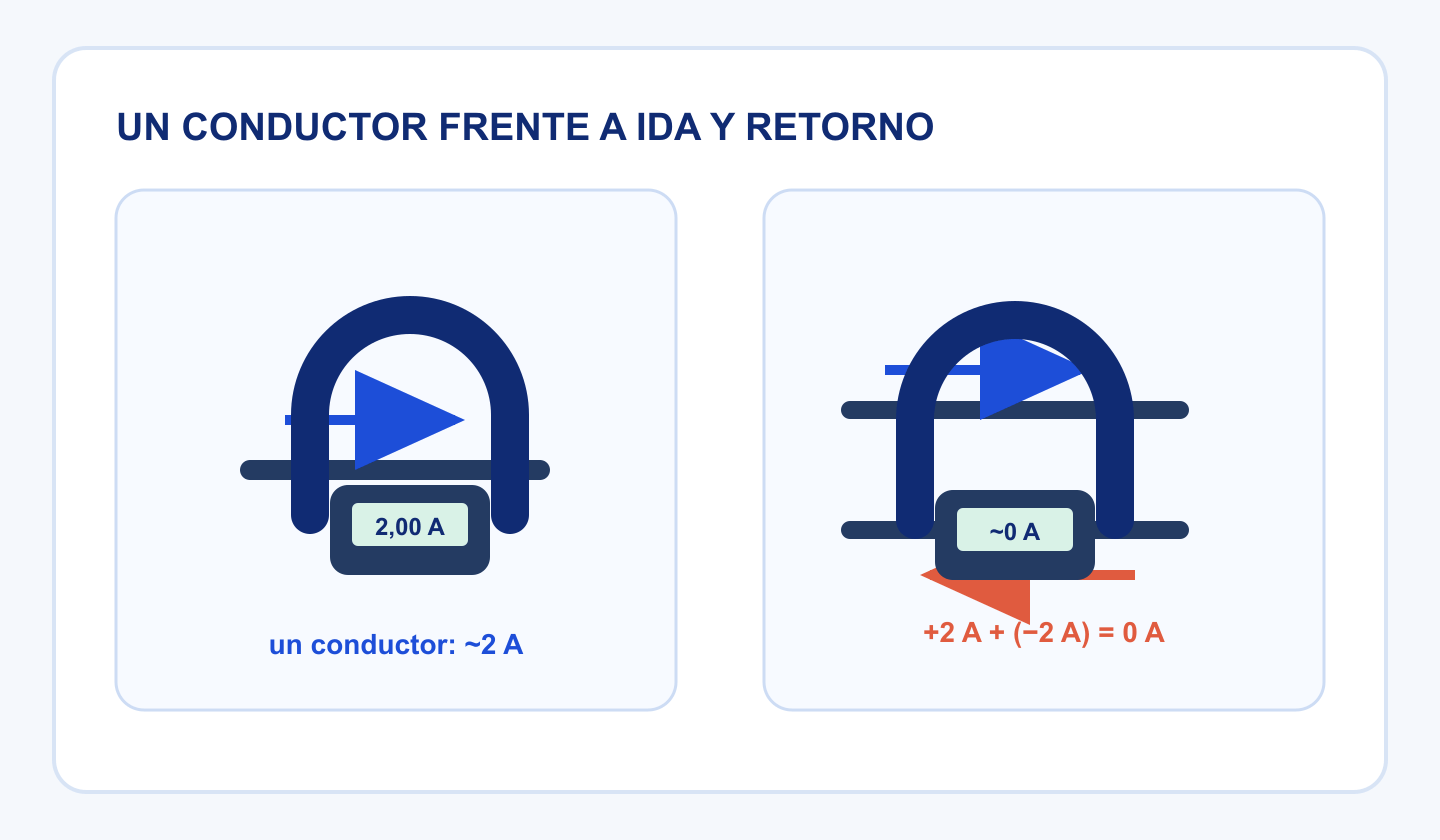 Comparación entre una pinza alrededor de un conductor con lectura de 2 amperios y otra alrededor de ida y retorno con lectura cercana a cero.