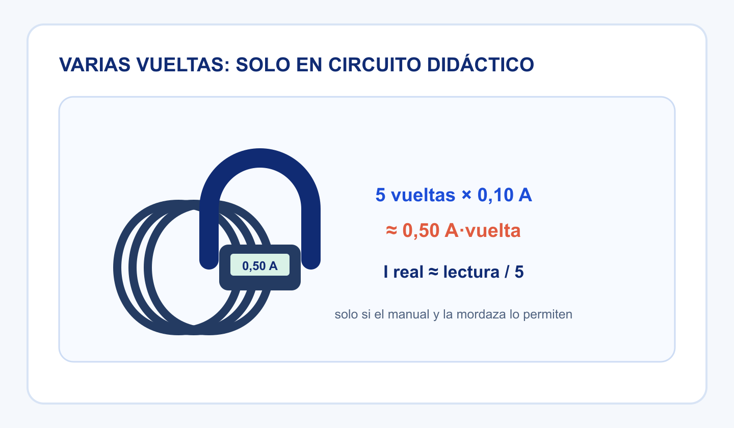 Conductor pasado cinco veces por una pinza en un circuito didáctico para aumentar el efecto de una corriente de 100 miliamperios.