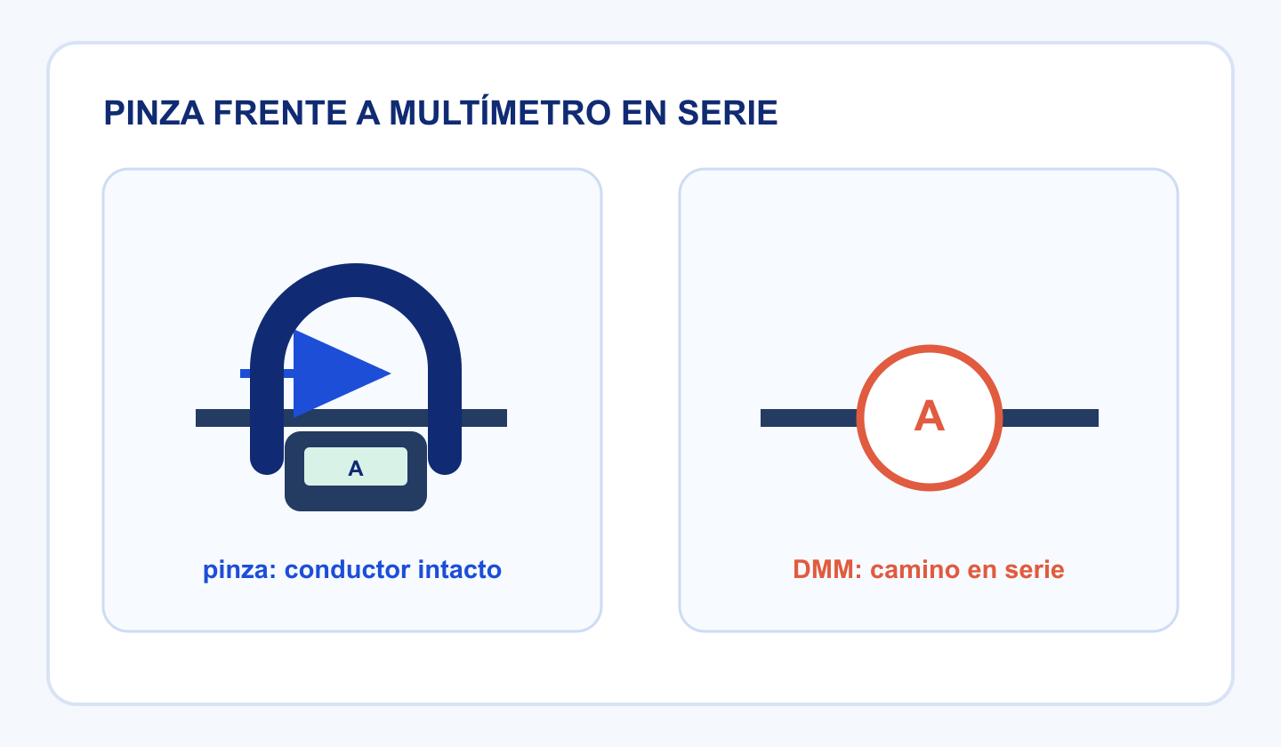 Comparación conceptual entre una pinza que rodea un conductor intacto y un multímetro insertado en serie.