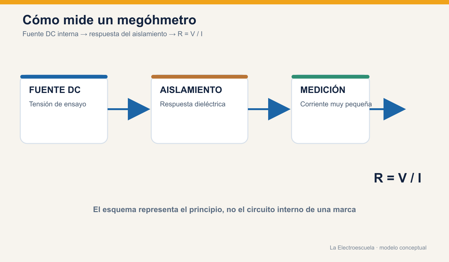 Modelo conceptual de megóhmetro con fuente DC, aislamiento, medición de corriente y cálculo R igual a V dividido por I.